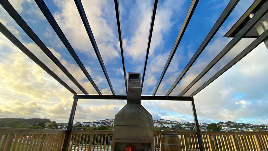 pergola roof over outdoor oven and deck