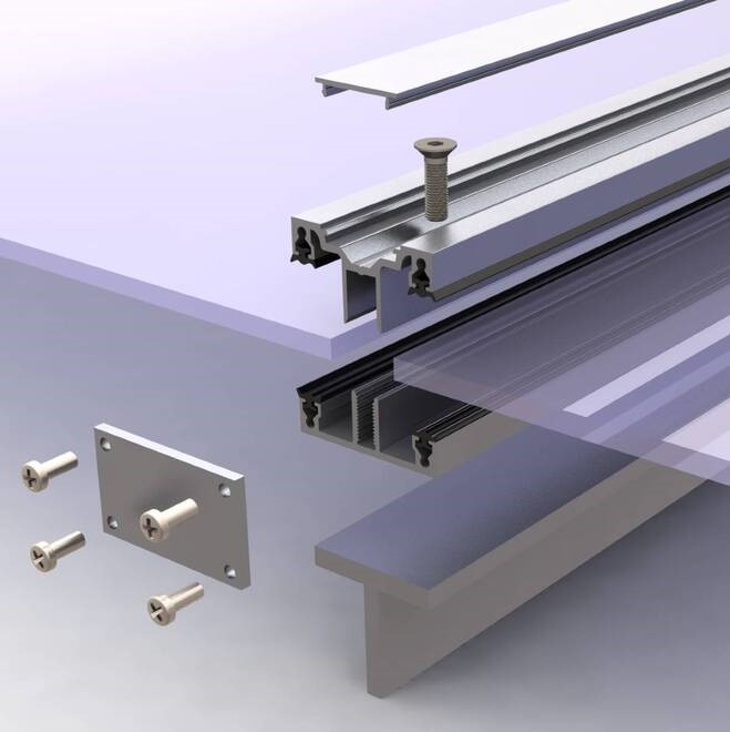 Exploded view of a ClearSpan glazing bar assembly with bracket and fasteners