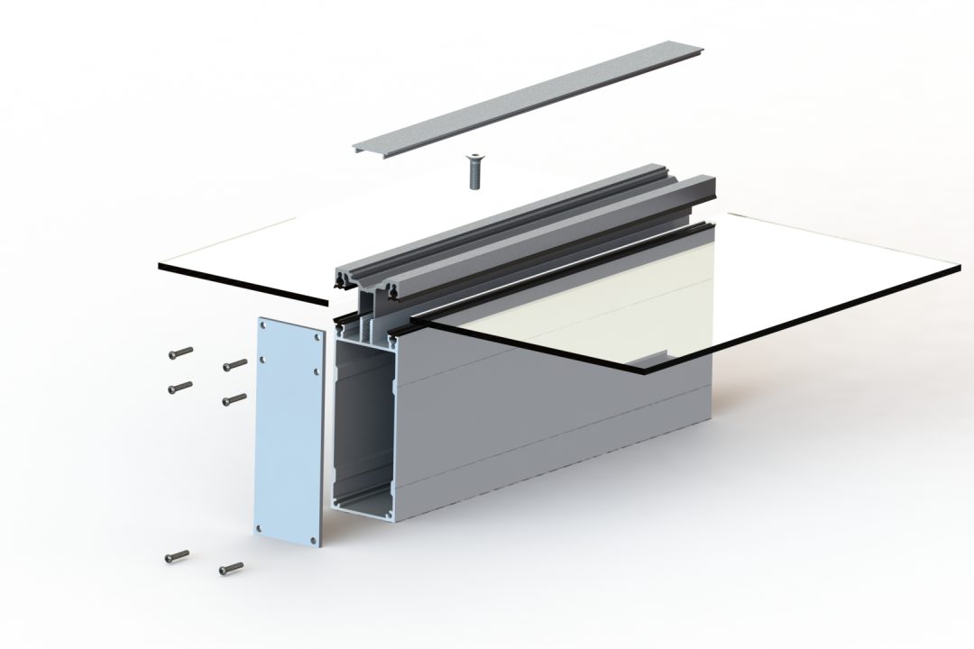 Exploded view of the ClearSpan glazing box: capping, box section, end plate and fixings