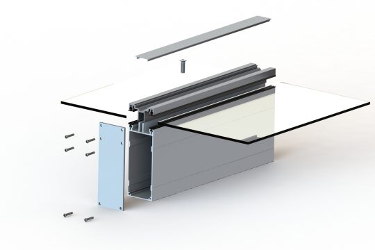 Exploded view of the ClearSpan glazing box: capping, box section, end plate and fixings